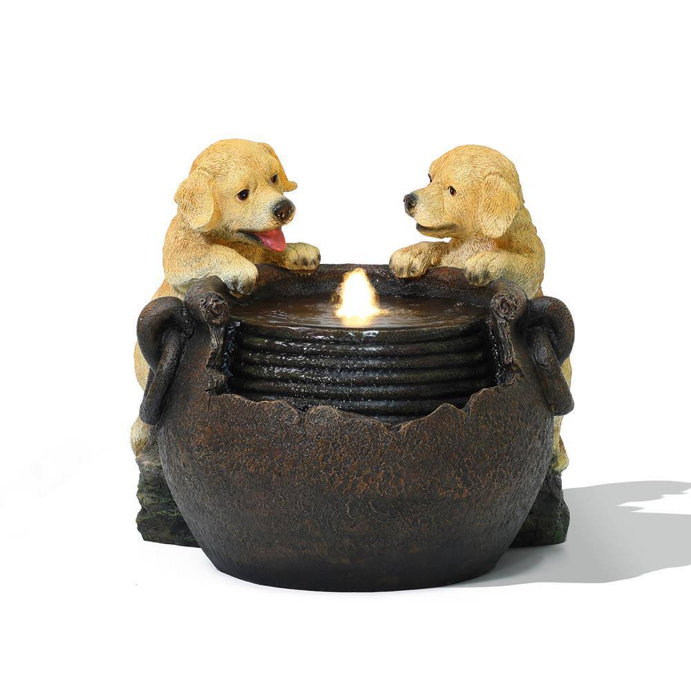 Farmhouse Resin Outdoor Fountain with Puppies and Lights