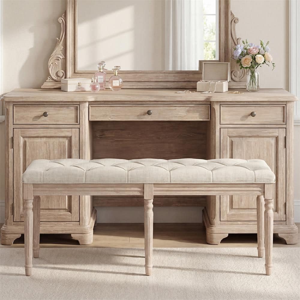 1 Pieces 47.5 in. Beige End of Bed Bench with Tufted Decoration and Antiqued Legs for Living Room