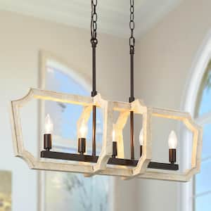 Farmhouse 5-Light Rust Bronze Linear Island Chandelier with Solid Wood Geometric Frame