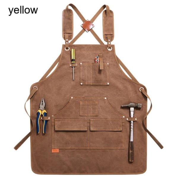 Afoxsos Work Apron Grilling Apron w/Pockets Unisex Canvas Adjustable Cross-Back Strap For Carpenter Painting Home BBQ, Yellow