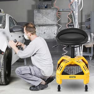 Rolling Garage Shop Stool 300 Lbs. Load Mechanic Seat 24 in. to 28.7 in. with 360° Wheel Tool Tray for Workshop, Yellow