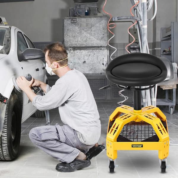 Rolling Garage Shop Stool 300 Lbs. Load Mechanic Seat 24 in. to 28.7 in. with 360° Wheel Tool Tray for Workshop, Yellow