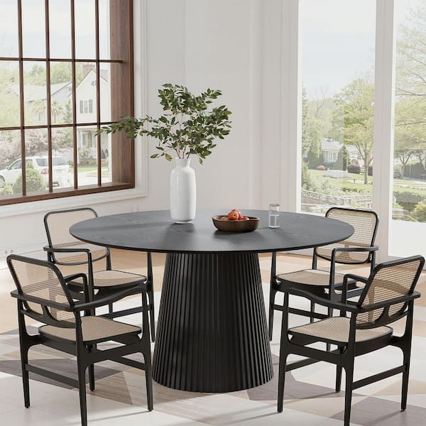 Modern Round Wood Top Black Wood Color 52 in. Column Pedestal Base Dining Table (Seats 6)