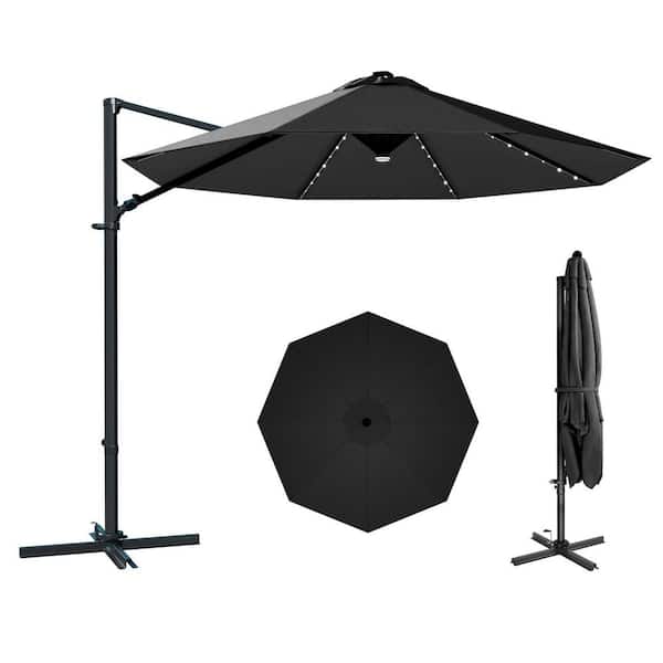 10 ft. x 10 ft. Market Cantilever Solar LED Patio Umbrella with 360° Rotation in Black