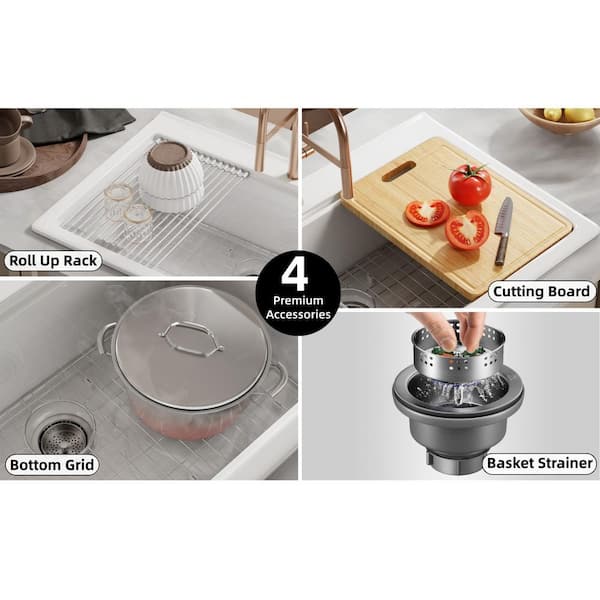 33 in. x 22 in. White Drop-In Kitchen Sink, Fireclay Workstation Deep Single Bowl, Offset Drain Opening and Faucet Hole