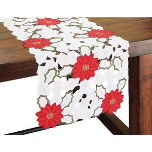 12 in. x 48 in. Holiday Poinsettia Embroidered Cutwork Mini Table Runner