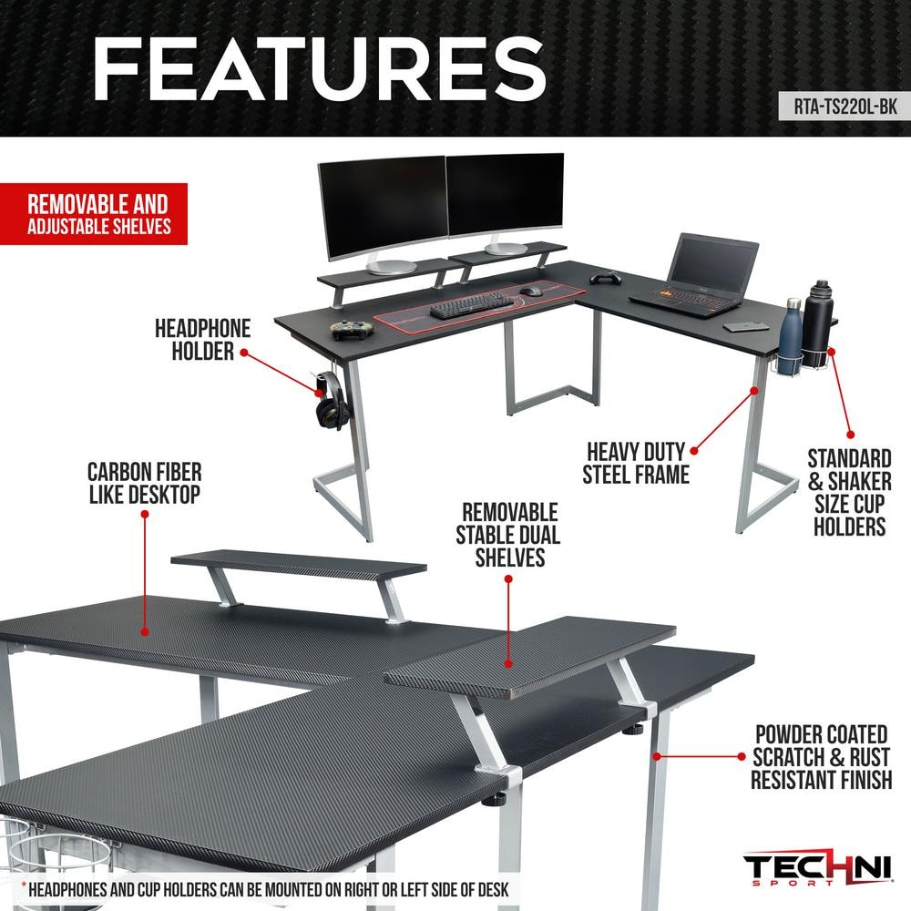 Techni Sport Warrior L-Shaped Gaming Desk with Cup Holders and Headphone Hook