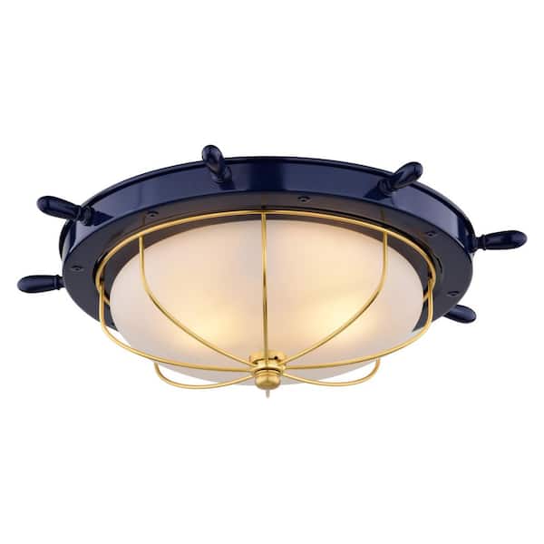 Orleans 15 in. W Navy Blue and Matte Gold Coastal Ship Wheel Flush Mount Indoor Outdoor Ceiling Light Fixture