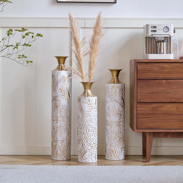Unbranded Floor Metal Cylinder Decorative Vase,Distressed Vases,(Set of 3)Vases for Home Decoration 24in. 28.7in. 33.5in. H, White