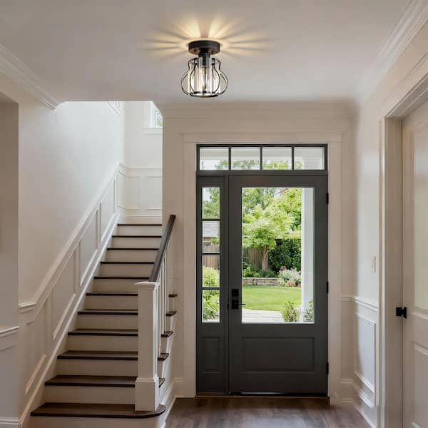 7.1 in. 1-Light Matte Black Semi Flush Mount Ceiling Light with Triangular Crystal and Metal Welded Shade, E26 Socket