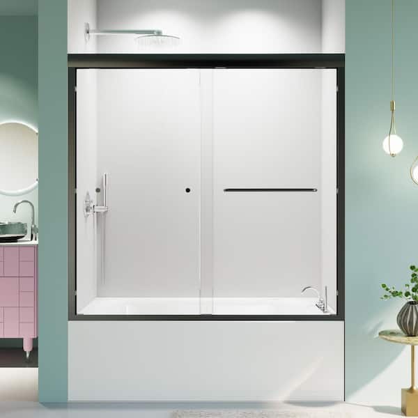 Coporesell 56-60 in. W x 58 in. H Sliding Framed Tub Door in Matte Black finish with Clear Glass