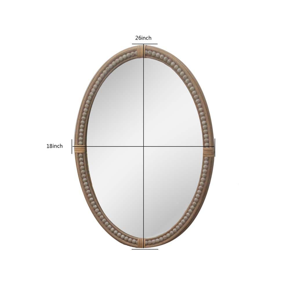 Brown Oval Rattan and Wood Decorative Wall Mirror with Resin Bead Accent