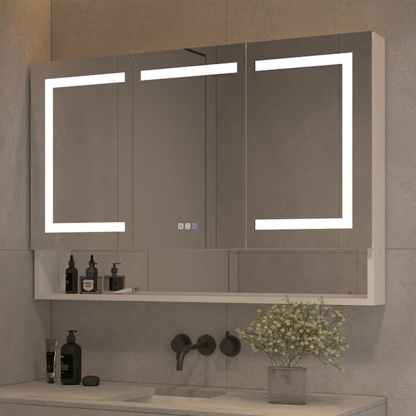 TOOLKISS 48 in. W x 32 in. H Large Rectangular Silver Aluminum Recessed/Surface Mount Medicine Cabinet with Mirror Outlet USB
