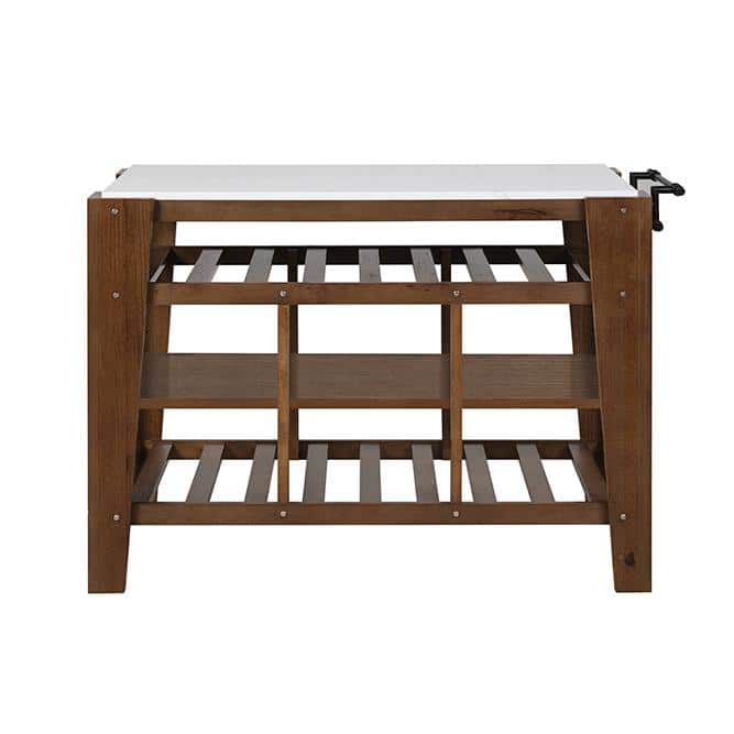 Rectangular Marble Top Kitchen Island with Shelves and Towel Rack