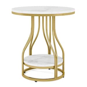 Kerlin 19.68 in. White and Gold Round Wood End Table, 2-Tier Side Table Modern Nightstand Bedside Table