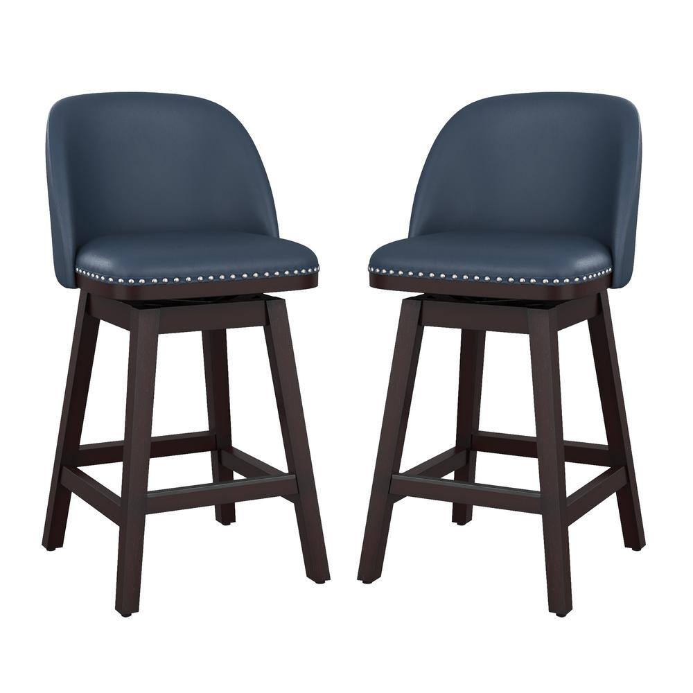 Navy Blue Wood Frame Swivel Counter Stools with Faux Leather, Set of 2
