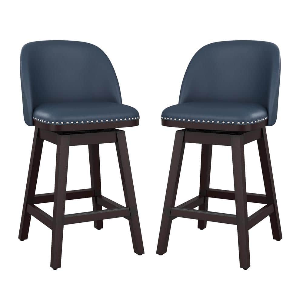 Navy Blue Wood Frame Swivel Counter Stools with Faux Leather, Set of 2