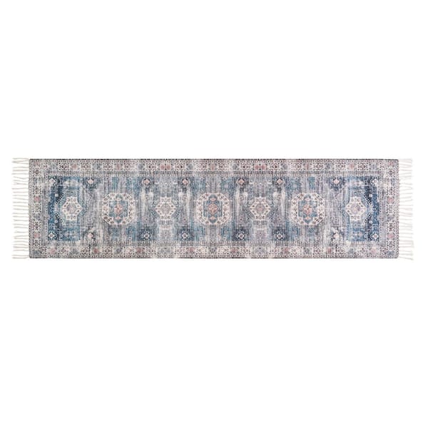 Chinille Fringe Machine Washable Blue 2 ft. x 6 ft. Medallion Runner Rug