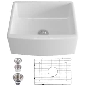 White Fireclay 24 in. Single Bowl Farmhouse Apron Kitchen Sink with Basin Rack and Strainer Basket