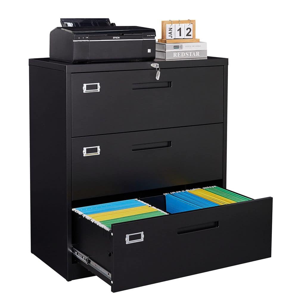 Zeus & Ruta Black File Cabinet 3-Drawer with Lock, Locking Metal ...