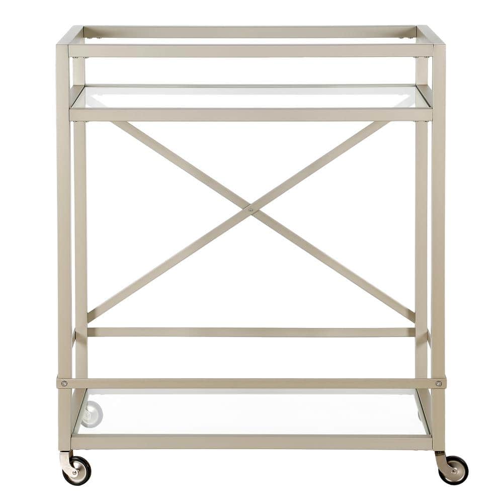 Contemporary Silver 2-Tier Bar Cart with Glass Shelves and Metal Frame