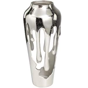 19 in. Silver Drip Aluminum Metal Decorative Vase with Melting Designed Body