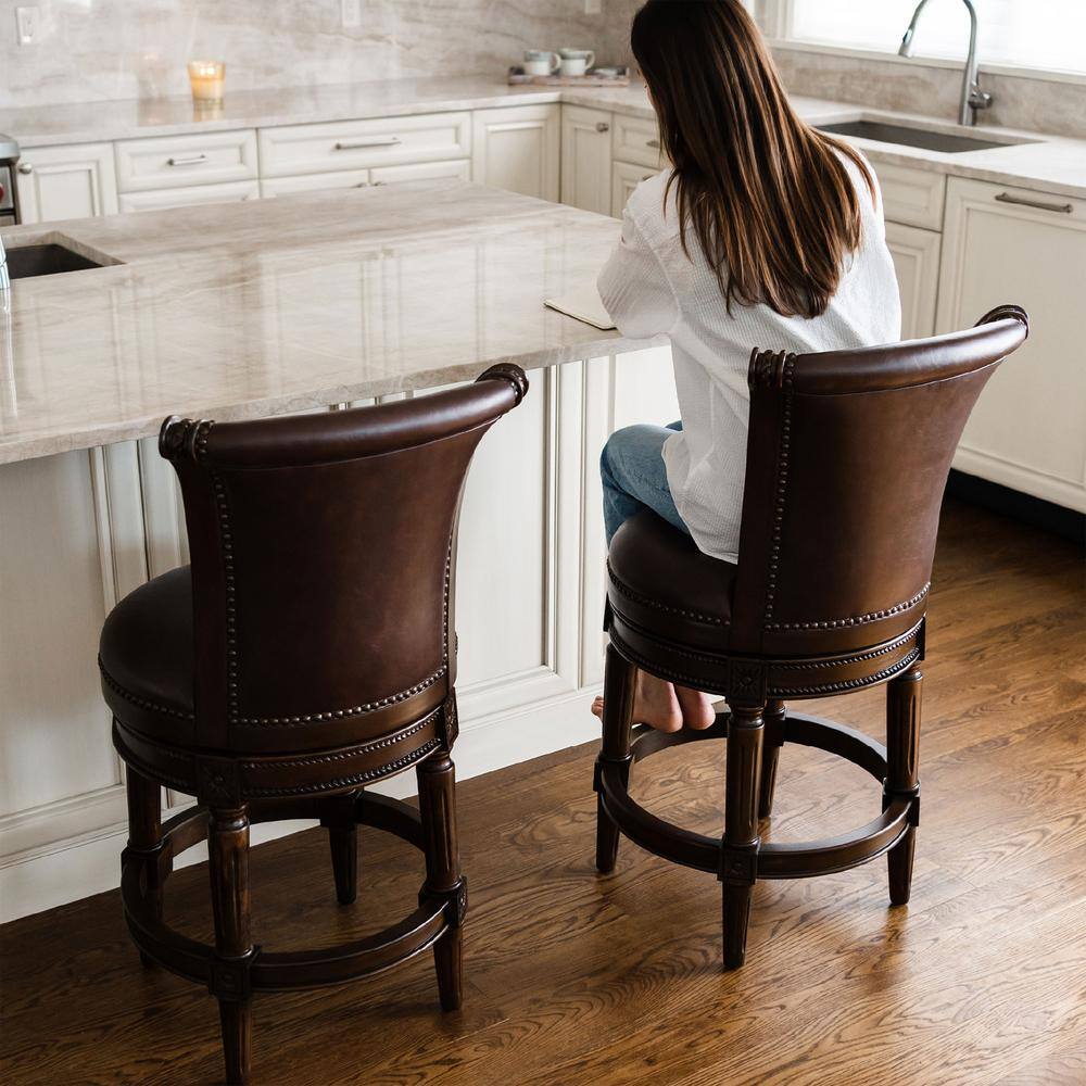 Dark Walnut Swivel Counter Stool with Brown Vegan Leather Upholstery