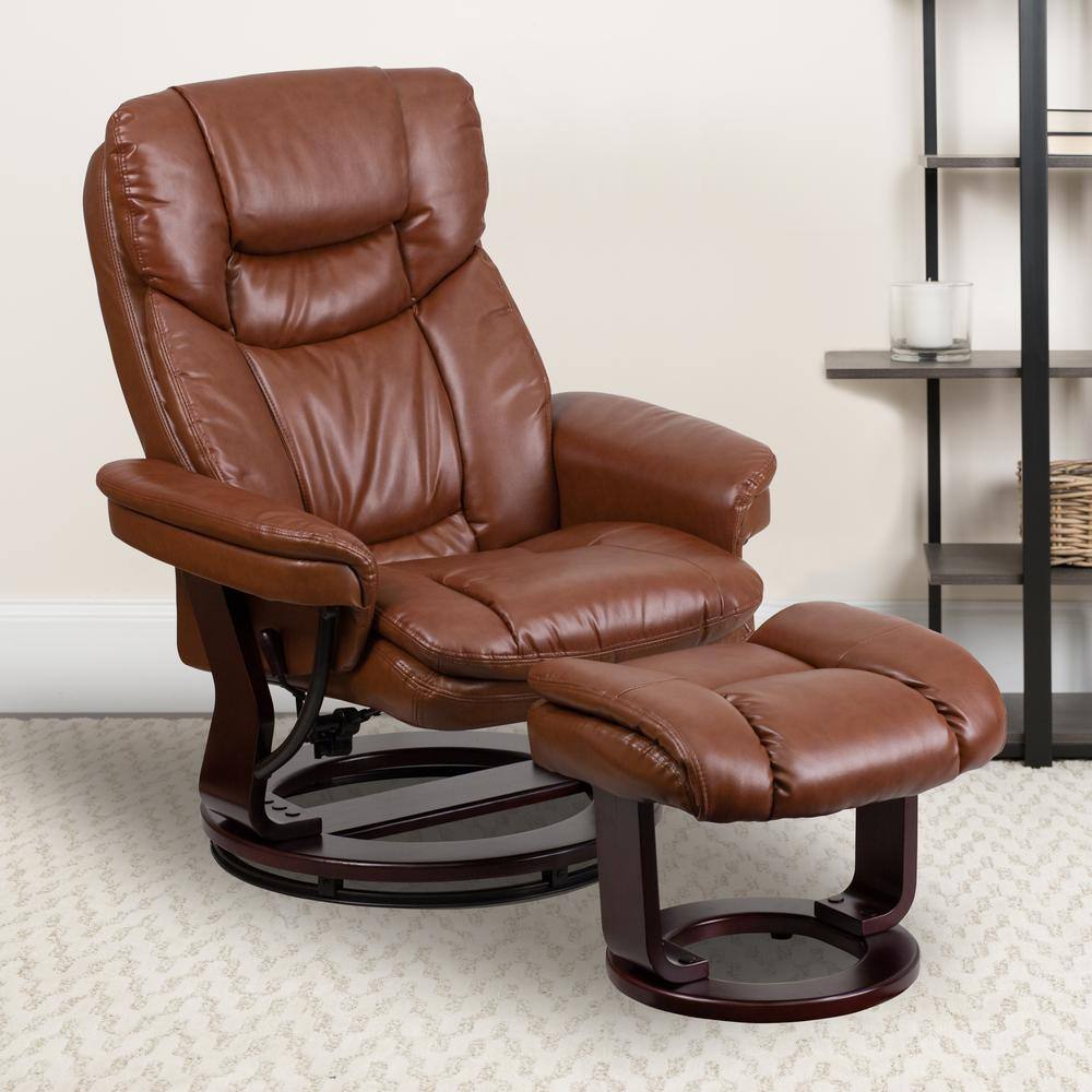 Brown Leather Swivel Recliner with Ottoman and Wood Base