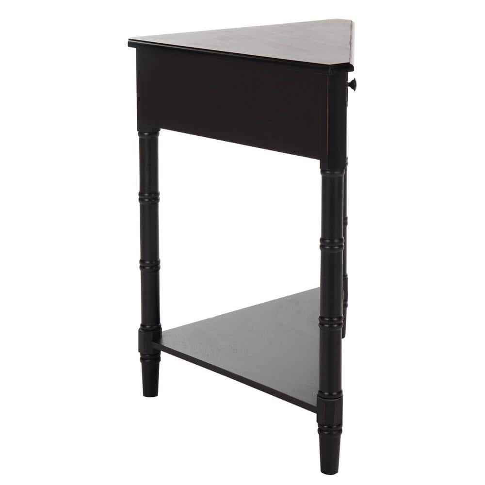 Bamboo-Inspired Triangular Pine Wood Corner Console with Drawer - Black