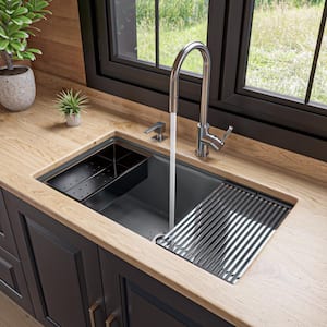 34 in. Undermount Single Bowl Granite Composite Kitchen Sink in Titanium