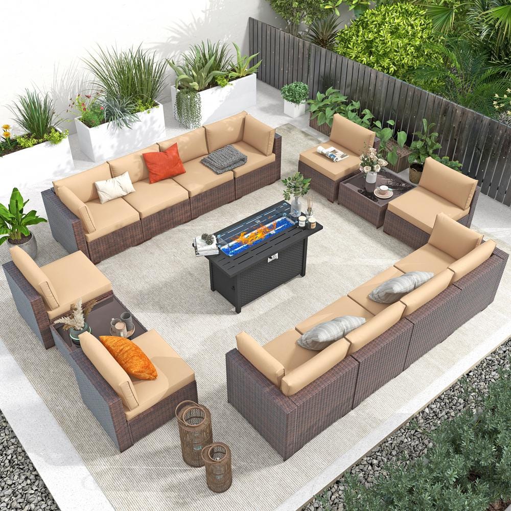 15-Piece Wicker Outdoor Conversation Set with Propane Fire Pit Table and Co