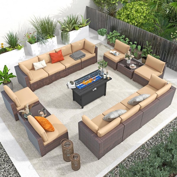 Freestyle 15-Piece Wicker Outdoor Conversation Set with Propane Fire Pit Table and Coffee Table, Beige