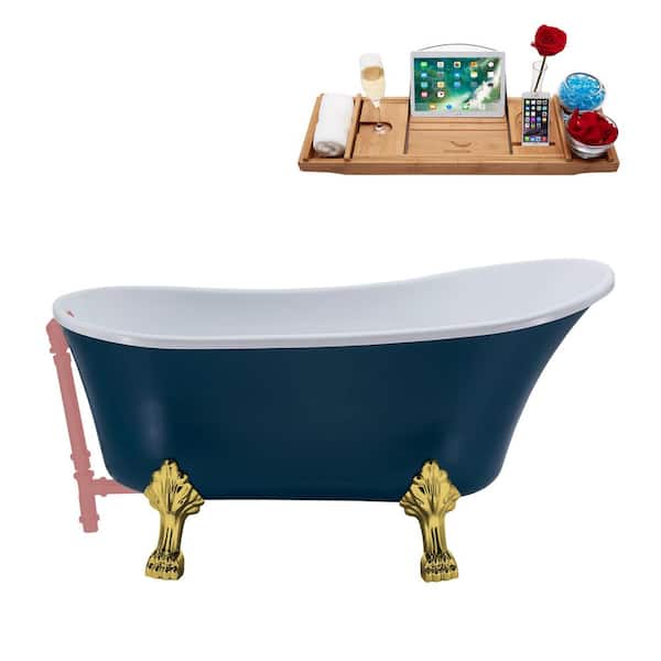 Streamline 55 in. x 26.8 in. Acrylic Clawfoot Soaking Bathtub in Matte Light Blue with Polished Gold Clawfeet and Matte Pink Drain