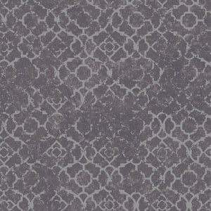 Emporium Collection Purple and Silver Aged Quatrefoil Embossed Metallic Finish Paper Non-Pasted Non-Woven Wallpaper Roll