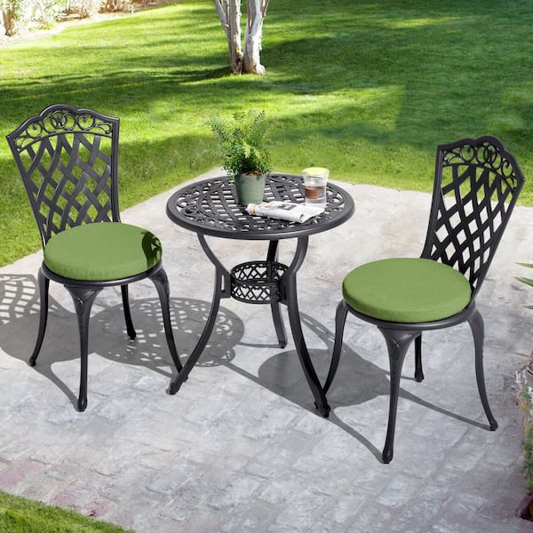 Black 3-Piece Cast Aluminum Round Outdoor Bistro Set with Green Cushions and Umbrella Hole