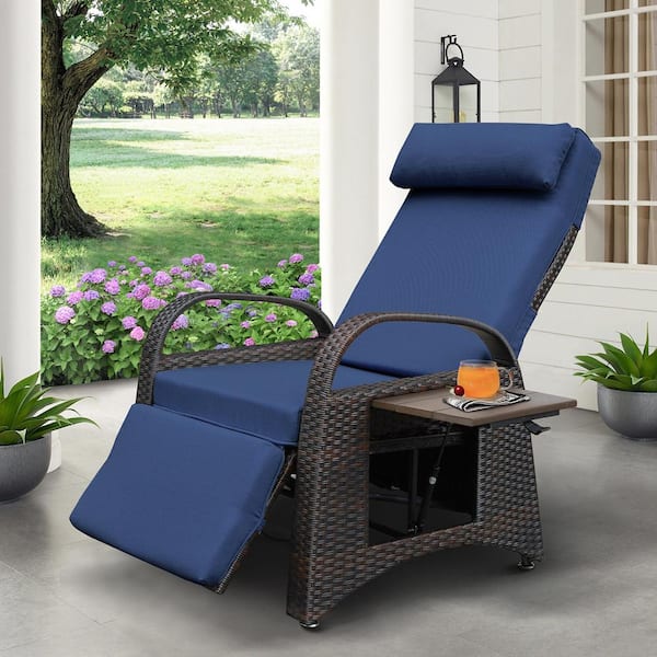 Tenleaf Ergonomically Designed Backrest Adjustable Brown PE Wicker Outdoor  Recliner with Navy Blue Cushions Tenleaf-OD83 - The Home Depot