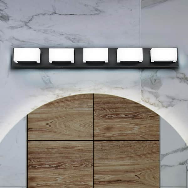 Jerico 38 in. 5-Light Black Modern Integrated LED Vanity Light with Frosted Acrylic Shade