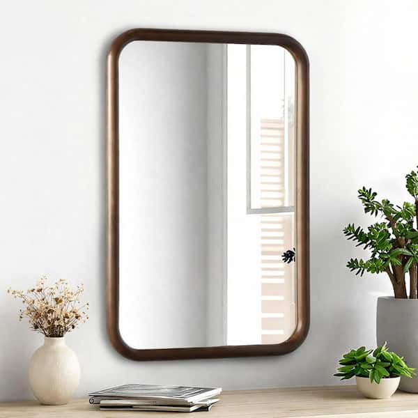 24 in. W x 36 in. H Modern Rectangular Brown Pine Wooden Framed Wall Bathroom Vanity Mirror