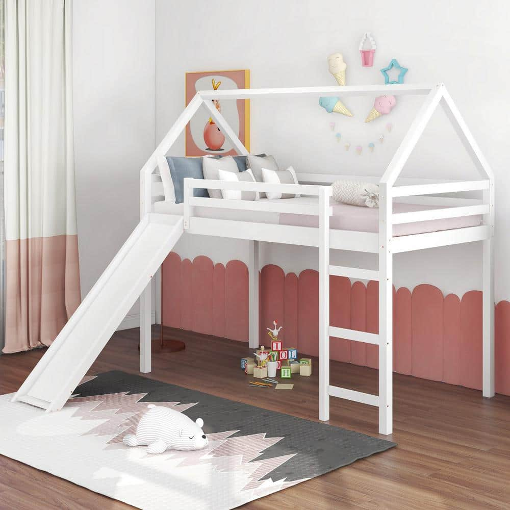 HomeRoots Charlie White Twin Loft Bed with Slide 72 in. H x 77 in. W x ...