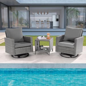 3-Piece Gray Wicker Outdoor Swivel Rocking Chairs Patio Bistro Set with Side Table Gray Cushion