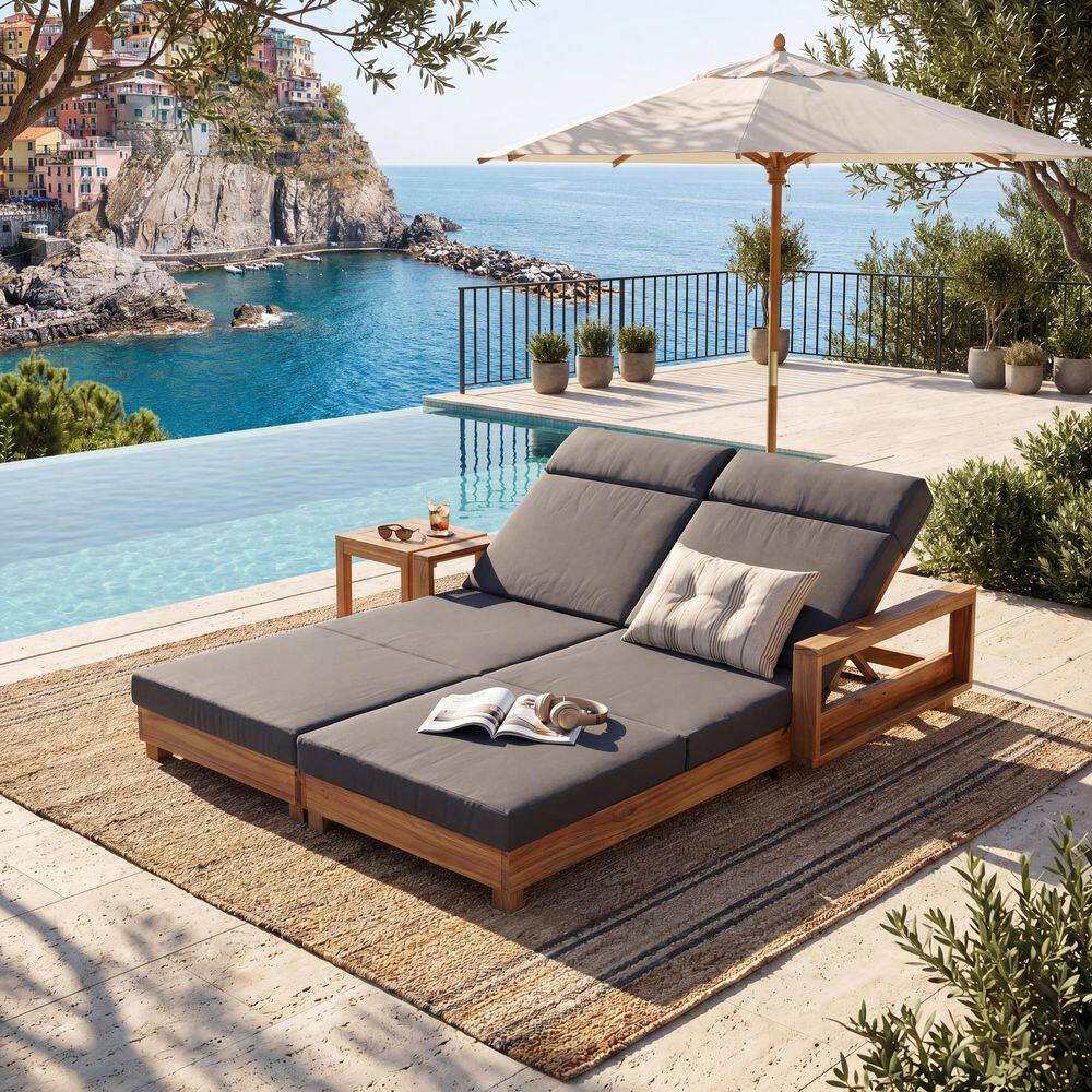 Caleb Natural Finish Wood Adjustable Patio Outdoor Double Chaise Lounge with 4-Fold Dark Grey Cushions