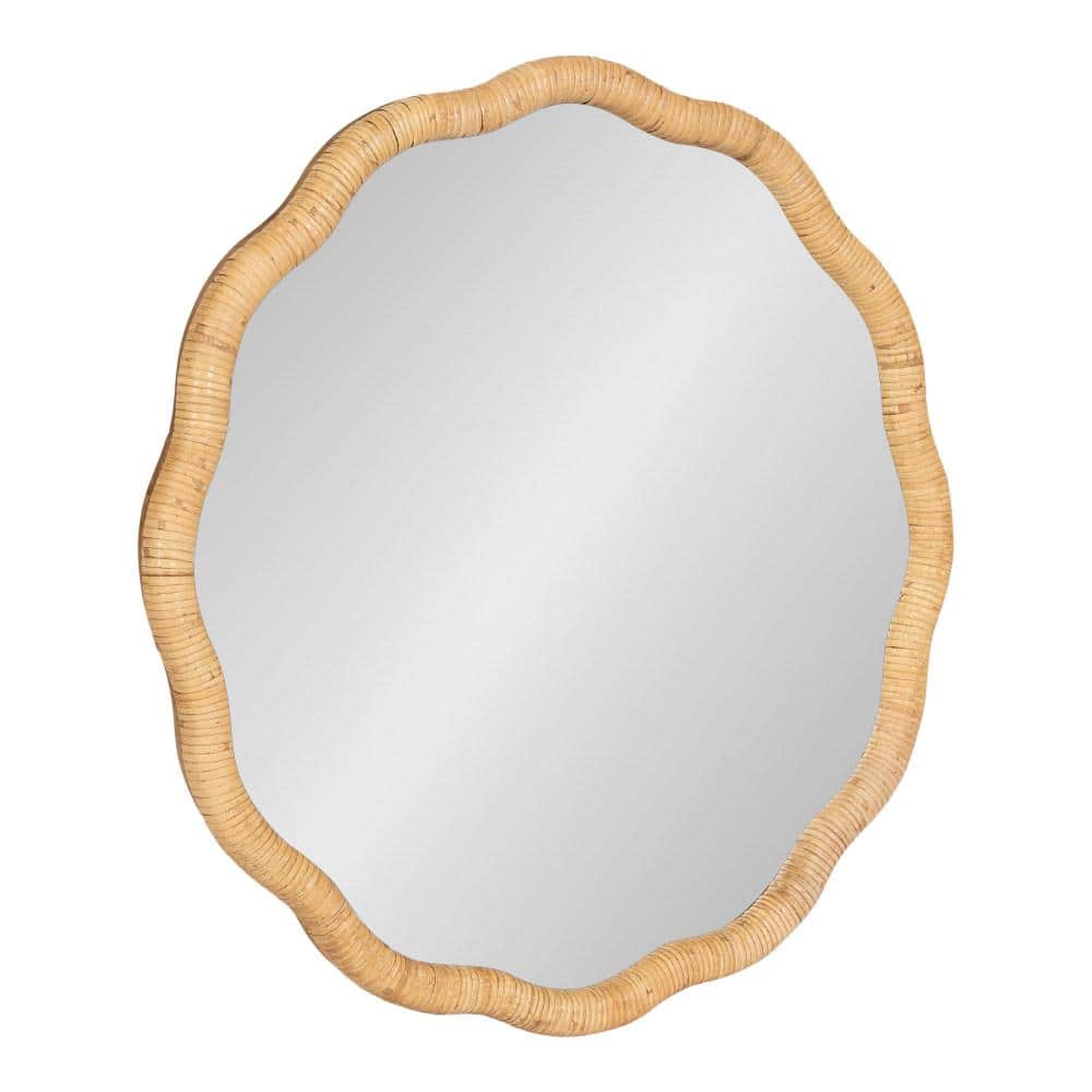 Natural Wood 26" Round Scalloped Rattan Mirror