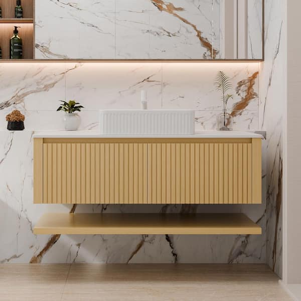 Loiry 48 in. Modern Floating Corolla Oak Woodgrain Bath Vanity with White Sintered Stone Top Pre-assembled
