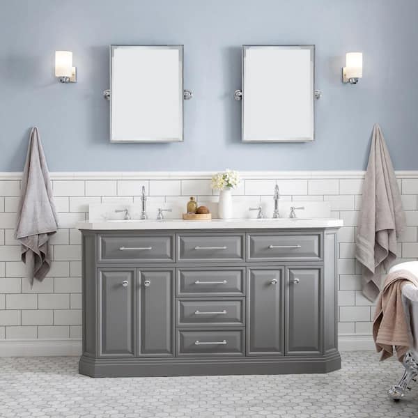 Water Creation Palace 60 in. W x 22 in. D x 34 in. H Double Sink Bath Vanity in Cashmere Grey with Carrara White Quartz Top and Faucets