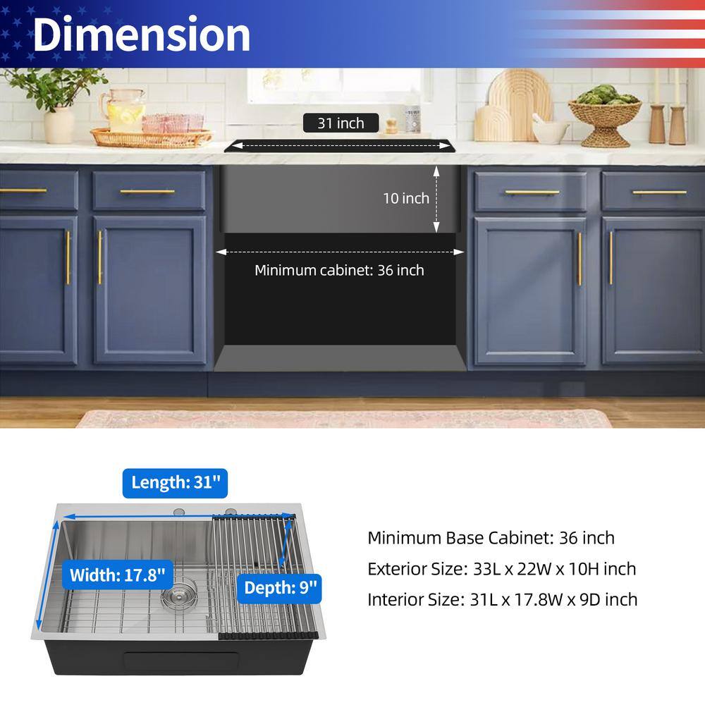 33'' Single Bowl Stainless Steel Drop-In Kitchen Sink