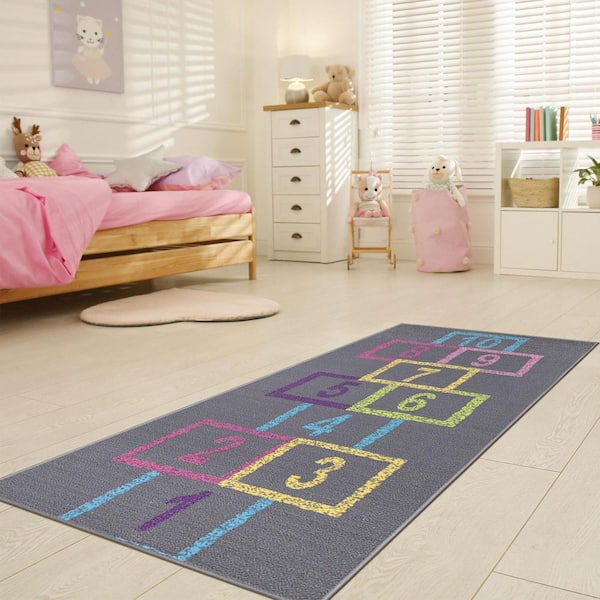 Children's Garden Collection Non-Slip Rubberback Hopscotch 3x6 Kid's Runner Rug, 2 ft. 7 in. x 6 ft., Gray/Pink