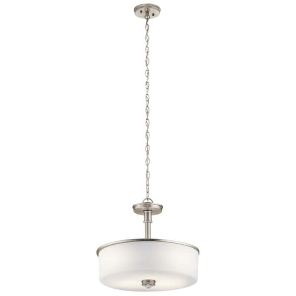 KICHLER Joelson 3-Light Brushed Nickel Transitional Shaded Kitchen Drum Convertible Pendant Hanging Light to Semi-Flush