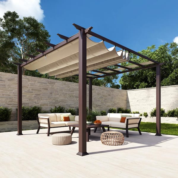 Paragon Outdoor Florence 11 ft. x 11 ft. Wood Grain Aluminum Pergola in Chilean Ipe and Sand Convertible Canopy