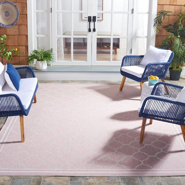 Courtyard Pink/Beige 7 ft. x 7 ft. Border Quatrefoil Indoor/Outdoor Square Area Rug