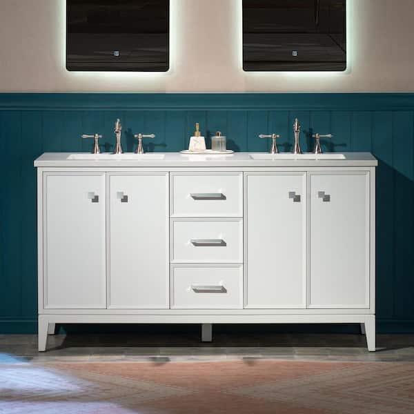 61 in. W x 22 in. D Double Ceramic Sink Freestanding Bath Vanity in White with Carrara White Engineered Stone Vanity Top